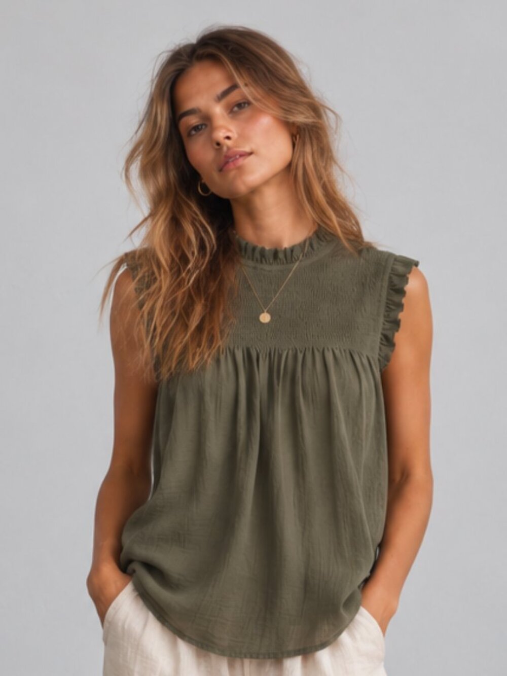 NANETTE LEPORE Smocked Ruffle Sleeveless Tank Blouse Olive Green Boho Sz S EUC